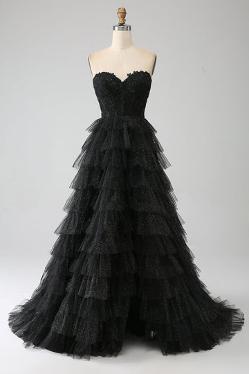 ZAPAKA Women Glitter Black Tiered Long Formal Dress with Slit A-Line Sweetheart Evening Dress